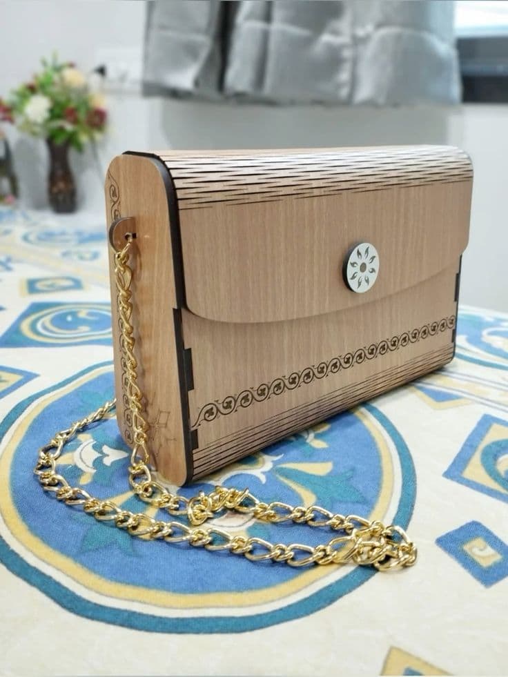 Wooden Sling Purse with Gold Chain