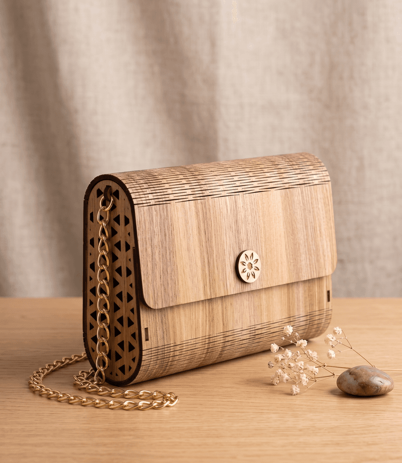 Wooden Sling Purse with Gold Chain